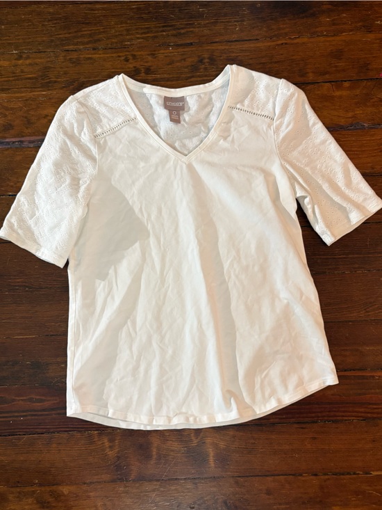 Chico's Tops - Chicos white eyelet short sleeve v neck tee top shirt size 4